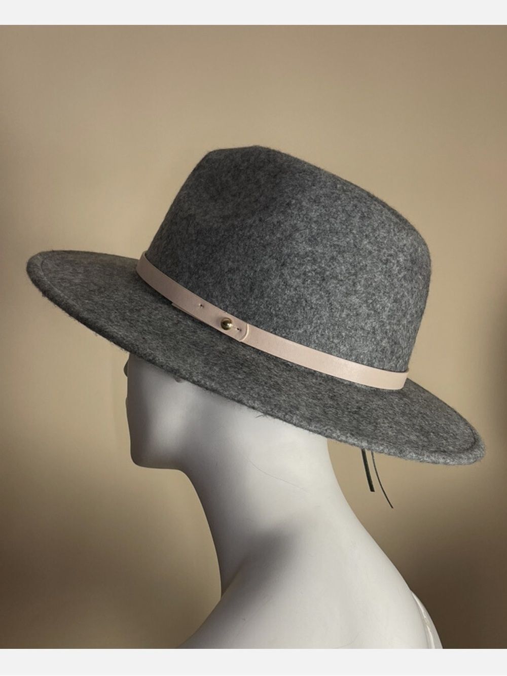 free people OS Gray Tan Leather Trim Wool Wide Brim Fedora Hat